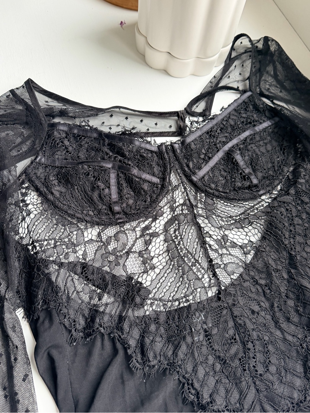 Bardot Sheer Lace Polka Dot Long-Sleeve Bodysuit - Picture 3 of 6